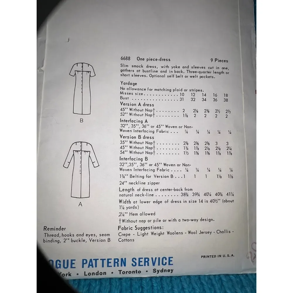 Vogue Pattern 6688 shift dress 1960s sz 14 bust 34 - Picture 4 of 4